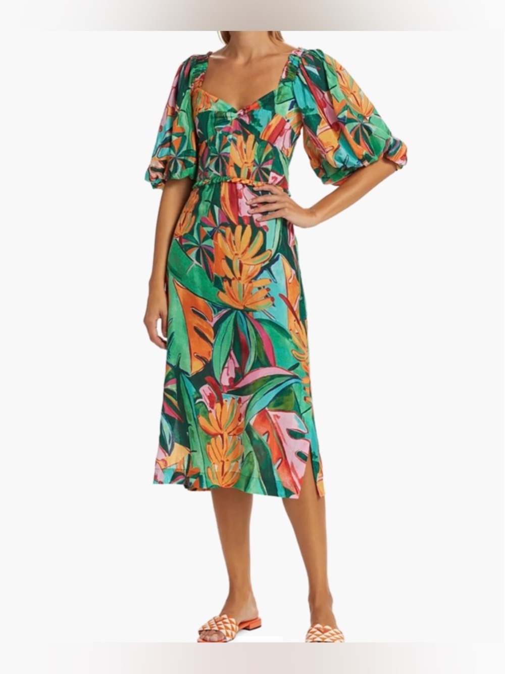 NWT Farm Rio Banana Foliage Multicolor Puffed Sleeve Midi- XS